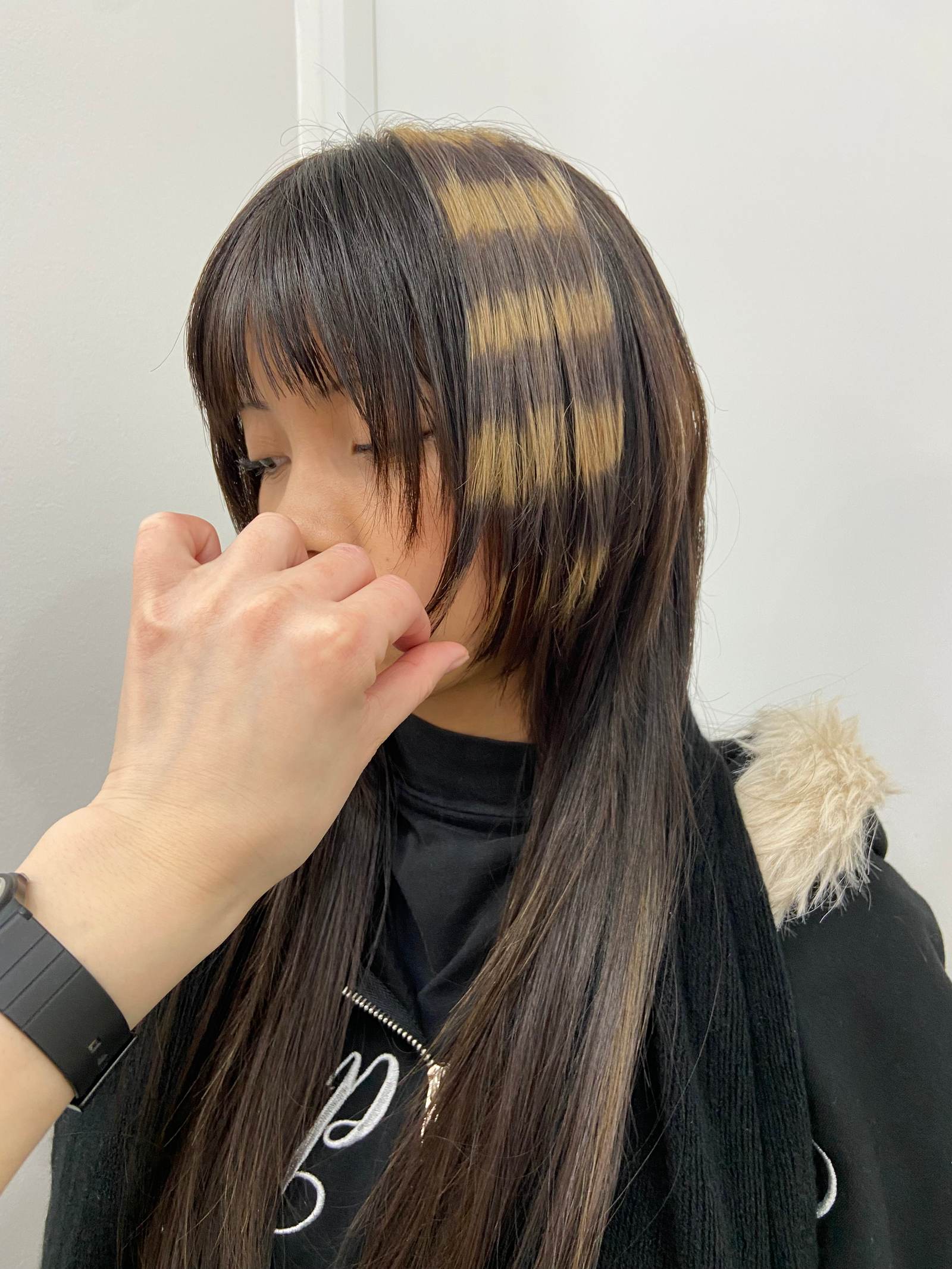 High-contrast blonde and dark brown raccoon tail stripes on a graphic face framing.