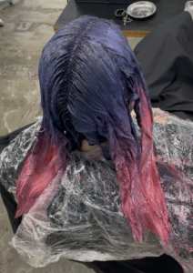 Close-up of deep purple roots melting into bright pink ends.